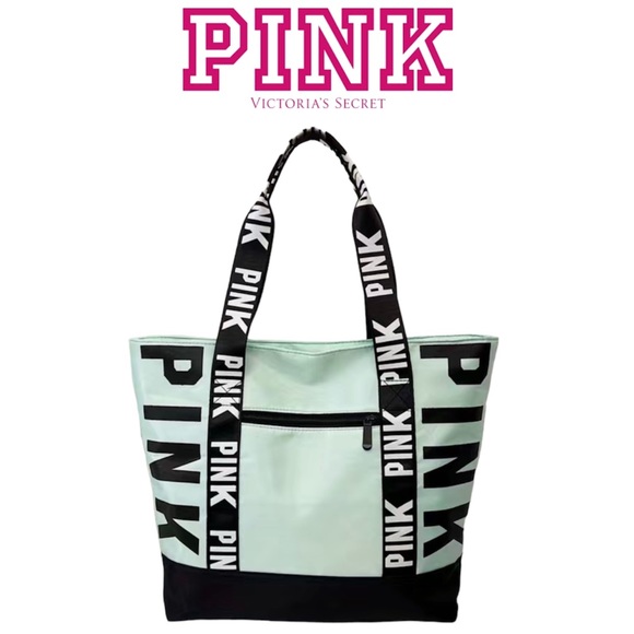 Pink by Victoria’s Secret, letter graphic tote bag, mint green & black, NWOT - Picture 1 of 12